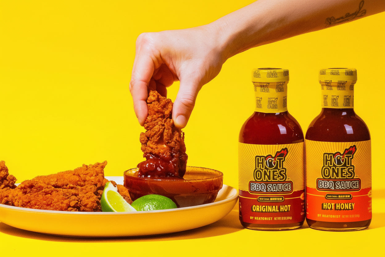 Person dipping fried chicken into a bowl of sauce with two bottles of Hot Ones hot sauce on a yellow background.